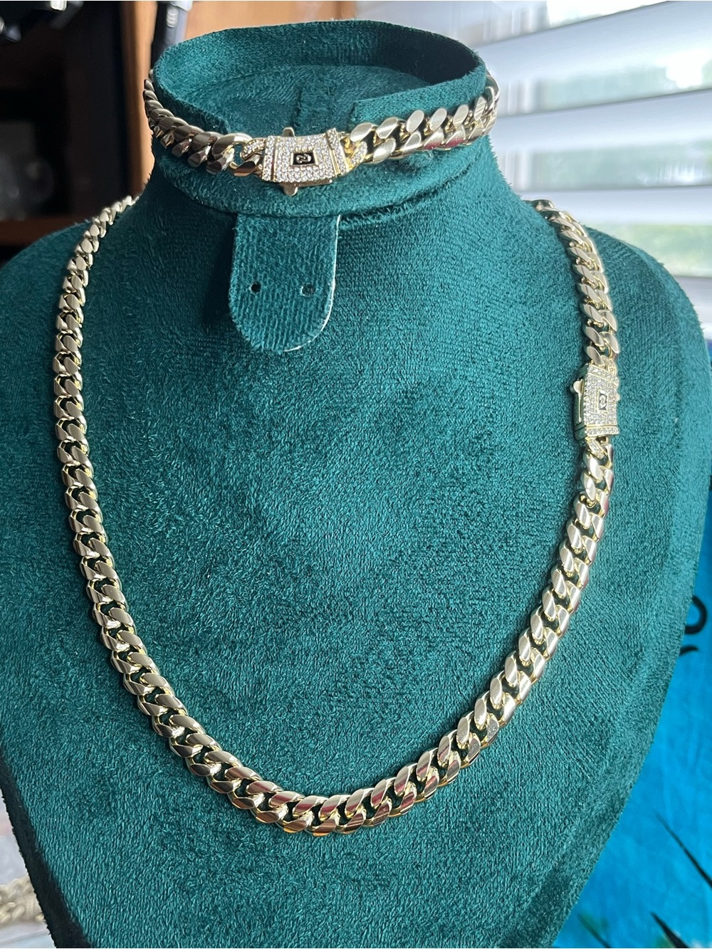 New 14K Gold Plated Stainless Steel 8mm Cuban Chain & Bracelet Set